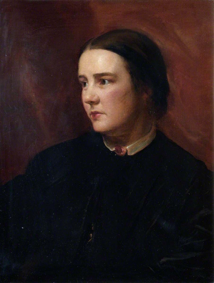 An oil painting of a white woman wearing a black dress or cloak with a white collar and her hair worn in a bun.